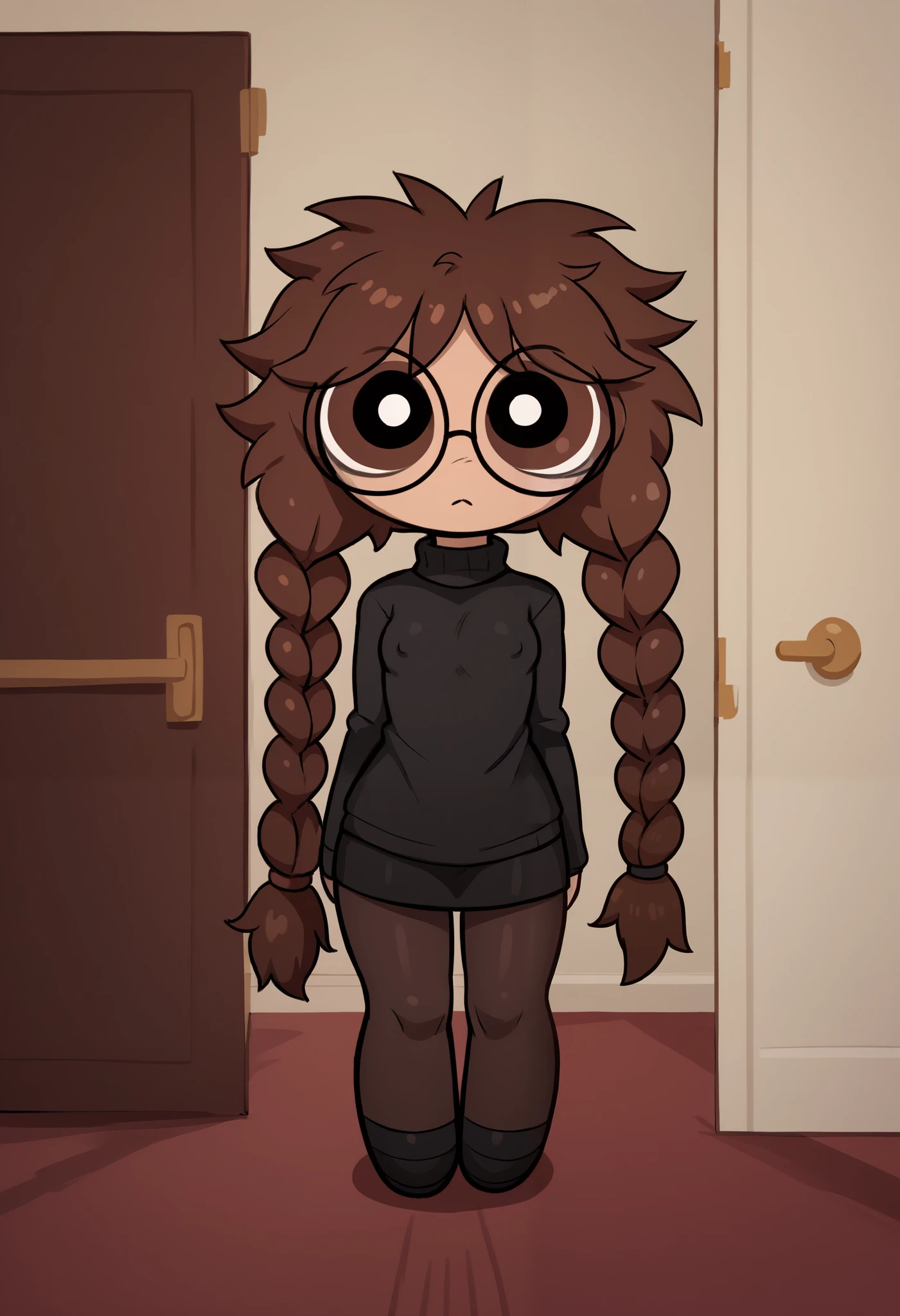 Small girl, young, full body, (solo 0.6), dark brown hair, braids, twintails, messy braids, puffy hair, messy hair, very long hair, brown eyes, skinny body, skinny legs, skinny thighs, slender body, thin waist, flat chest, indoors, (solid black sweater 0.9), black sweater, solid black skirt,  black clothing, medium length skirt, knee length skirt, black pantyhose, glasses, opening door, curious, pov, looking up at you, big eyes, hard erect nipples, cute, (powerpuff style 0.9)