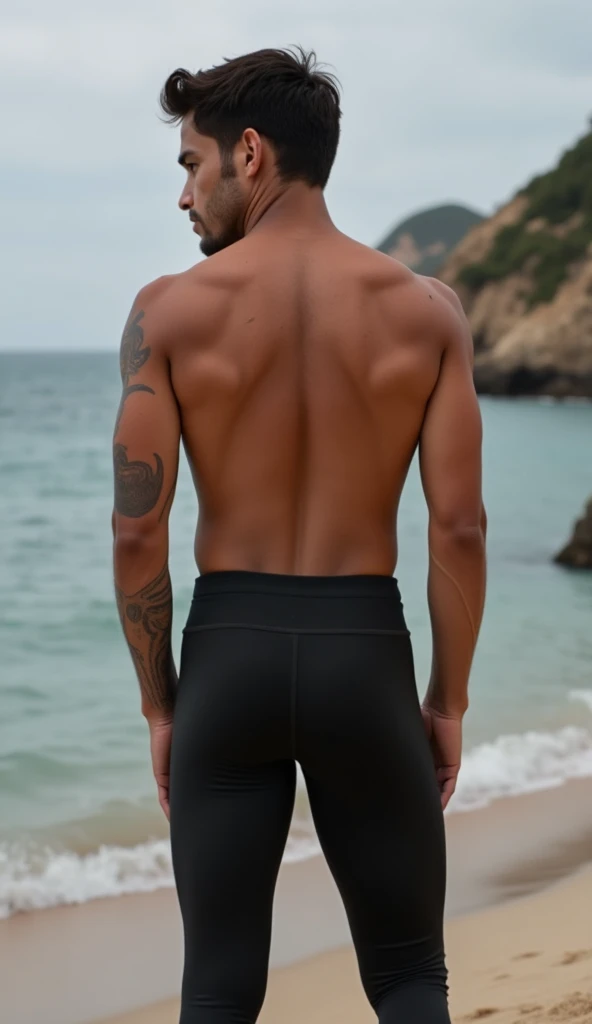 Un hombre negro con la cara se parece a Henry Cavill. Black man, Su cuerpo es musculoso y pectoral definido. paquete de seis. ingle. Cochas, pelo contra el viento. barba dentada. Big butt, in a moment of reflection. Full body. Fajado, gris claro Jeans backside. bent over