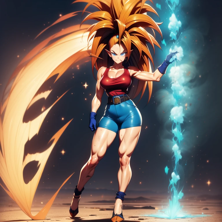 dbsuper style, 1
Girl, captain mizuki, green aura, super saiyan's aura, belt, pointed ears, elf ears, Red colored hair, huge hair, bruise, bruise on face, clenched hands, frown, gloves, blue eyes, grey gloves, evil grin, medium breasts, Aura around her, solo, high ponytail, mouth opened, furious, magician clothes, long skirt with under-shorts,  powering up aura
, ((masterpiece)) 
