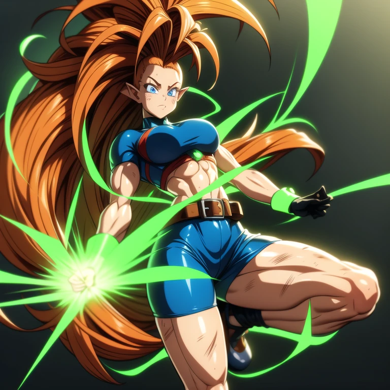 dbsuper style, 1
Girl, captain mizuki, green aura, super saiyan's aura, belt, pointed ears, elf ears, Red colored hair, huge hair, bruise, bruise on face, clenched hands, frown, gloves, blue eyes, grey gloves, evil grin, medium breasts, Aura around her, solo, high ponytail, mouth opened, furious, magician clothes, long skirt with under-shorts,  powering up aura
, ((masterpiece)) 
