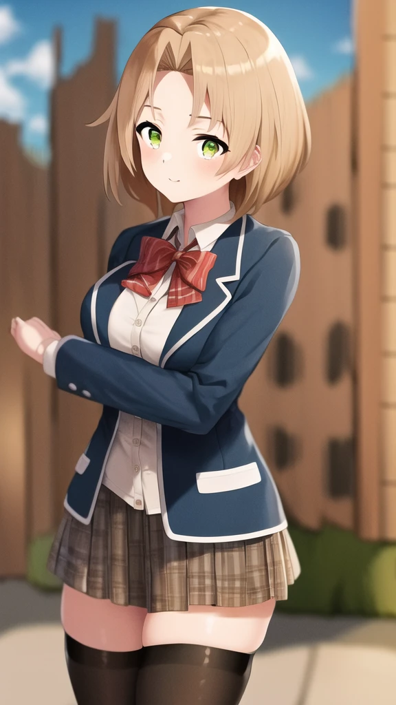 masterpiece, best quality, high quality, girl, solo, looking at viewer, rudeus_greyrat, large breasts, red bow, striped bow, blazer, blue jacket, long sleeves, plaid skirt, Brown skirt, black thighhighs, outdoors, cowboy shot, standing, looking at viewer,