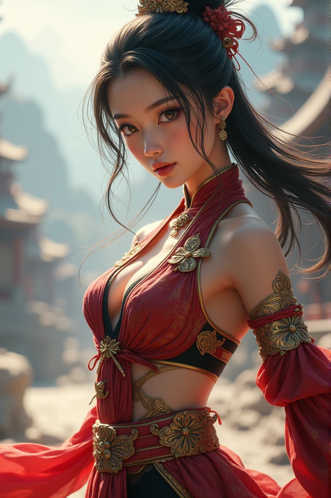 High resolution, extremely detailed photo, 8k full color, Upper body, (girl with), detailed medium breasts, cleavage, beautiful detailed face and eyes, Dynamic hairstyle, (wearing dynamic bikini:1.5), Professional Lighting, Best Quality、Full body like