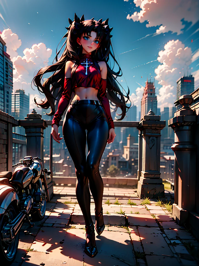 Rin Tohsaka,  Her face blushed very excited ,  full body,  Obra de arte,  high quality image ,  Super Resolution , high definition, 4k, full hd,  Well defined and detailed image in the smallest details .,  She wears a sleeveless red blouse that shows her belly and navel and her shoulders with long black sleeves.,  Beige vest with fine sportswear collar and red bow tie ,  Her breasts are exposed in a small neckline ., A sexy one,  The short black skirt makes her even sexier .,  high brown thigh tights ,  with two black ribbons on the top of her head ,  she is standing watching the spectator playing with a lock of her hair , on the school terrace , gerar imagem de  full body
Panel version Dragonball Z,  Female character with muscular and Caucasian body , Transformed super Saiyan and pointy hairdo completely,  Tight and comfortable clothing :  a black sleeveless t-shirt and dark blue loose style pants,  Accessories and Details : A white belt or sash around the waist and black bands on the wrists, in the foreground, Gestures a serious look , A wall of a city  