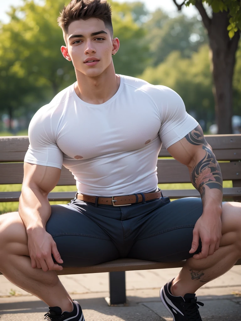 photo of a muscular Asian boy, short hair, wearing a tank top, outside a house, laying down on grass, sunset, looking at viewer, . Extremely high-resolution details, photographic, realism pushed to extreme, fine texture, incredibly lifelike
