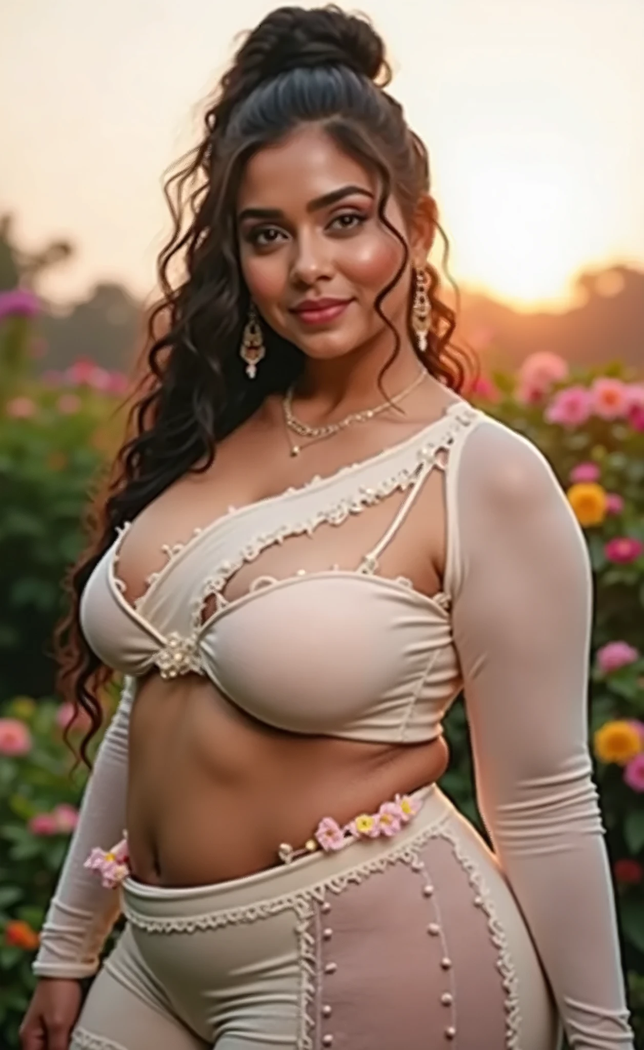 (masterpiece oil painting:1.3) of a (solo:1.3) ravishing sexy curvy chubby tall supermodel Suhana khan as elegant bride, in a flower garden venue, wearing ethereal bikini, Big breast almost D Plus navel, with embroidered angel wings, lavish flower decorations, intricate henna tattoos,, (ravishing long wavy backlit hair), (enchanting daylight:1.2), (intricate kohl lined eyes:1.3), (adorable smile:1.3) soft dramatic lighting, flower everywhere, backlit, light rays, highly detailed, trending on artstation, paint splashes, rich colour, fantasy portrait, by atey ghailan & Annie Leibovitz