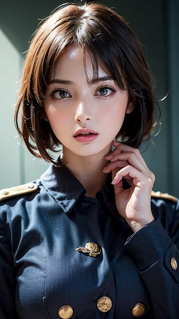 ( highest resolution,  clear_image)  top quality, Single,  one woman, Alone,   Masterpiece  ,  high definition, Semi-realistic, Black short hair,  black hair , bangs, 18 years old,  mature, light blue   military uniform ,   military uniform ,  indoor background,  kind, Dignified, Powerful,  exquisite face ,  exquisite face 