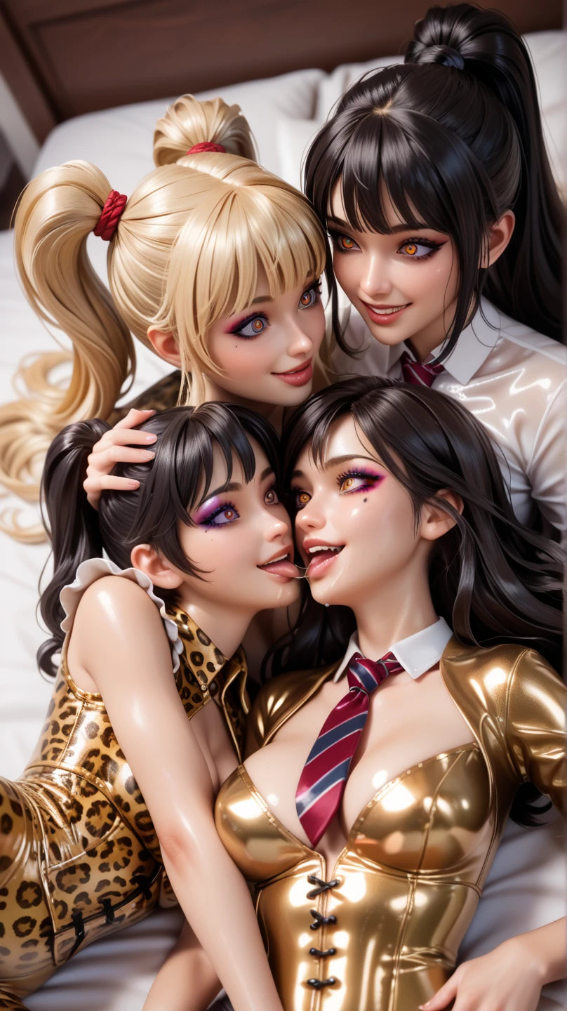 Mother and 3 girls in extremely tight shiny golden latex shirt blouse buttoned with tie, with leopard print corset , rock,  black hair, Lens reflection, Reflected light, Verführerisches smile,  long hair, Spiral eyes,  very strong shiny skin , Strong Makeup, saliva, salivafluss, salivaspur,  leggings, Are in the apartment lying in bed ,Breasts,  ponytail, Bangs, from above, kiss, smile,  double ponytails,  blonde hair, 