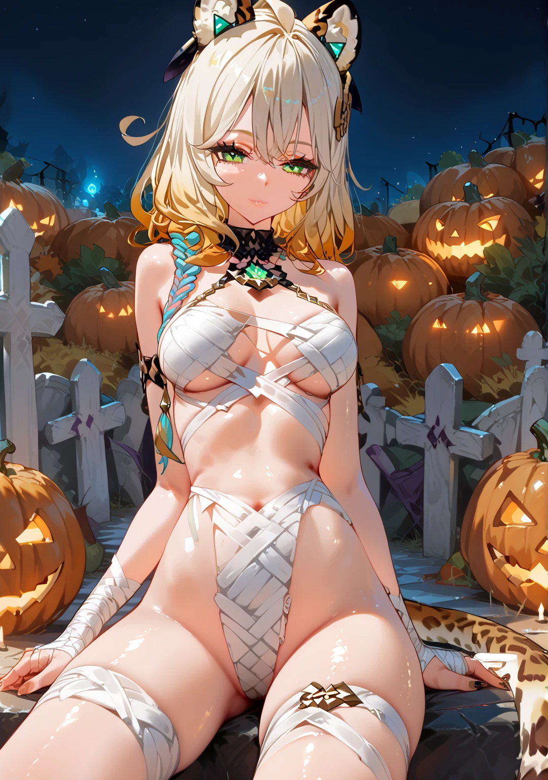 Highest quality, Highest quality, High quality illustrations, masterpiece, Ultra-high resolution, Detailed Background, Absurd, Perfect Anatomy, performance, Good lighting, Shadows in the movies, 1 girl, solo, Xilonen\(genshin_impact\), medium breasts, multicolored hair, blonde hair, green eyes, braid, animal ears, tail, leopard tail, voloptuous, alternate costume, seductive pose, seductive smile, closed mouth, in graveyard full of halloween pumpkin, sitting, naked covered boobs with mummy bandage, bandages in the crotch, xmc, bewitching thighs, gleaming, shiny, shiny skin, shiny outfit