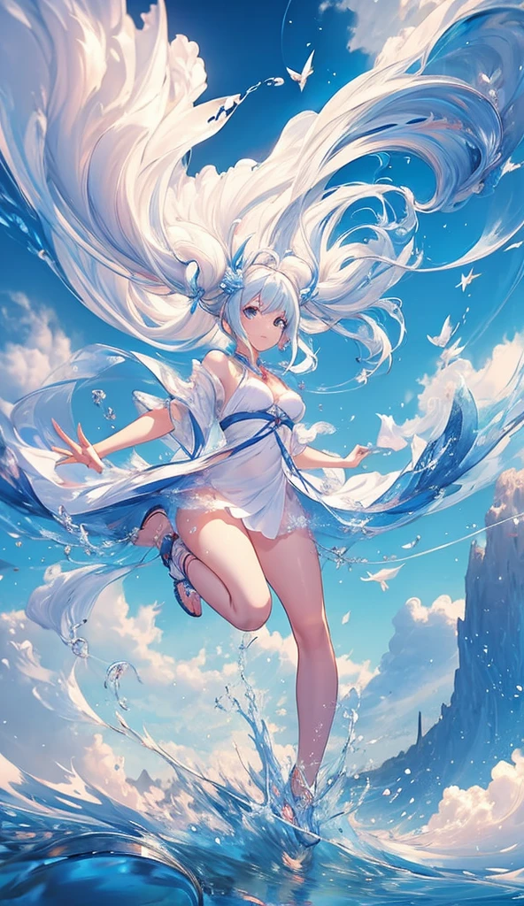 1girl, Alone, hair ornament, white hair, very long twintails, long hair, dress, water movement a sua volta, The sea above your feet , head up,  blue sky background with flowing clouds, medium round breasts, thick coxas