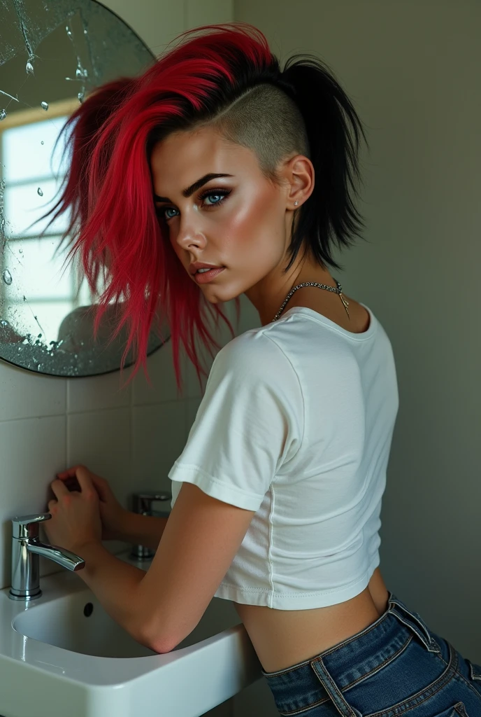Vi from arcane, looking foward, pink short hair, tan skin, wearing white t shirt,