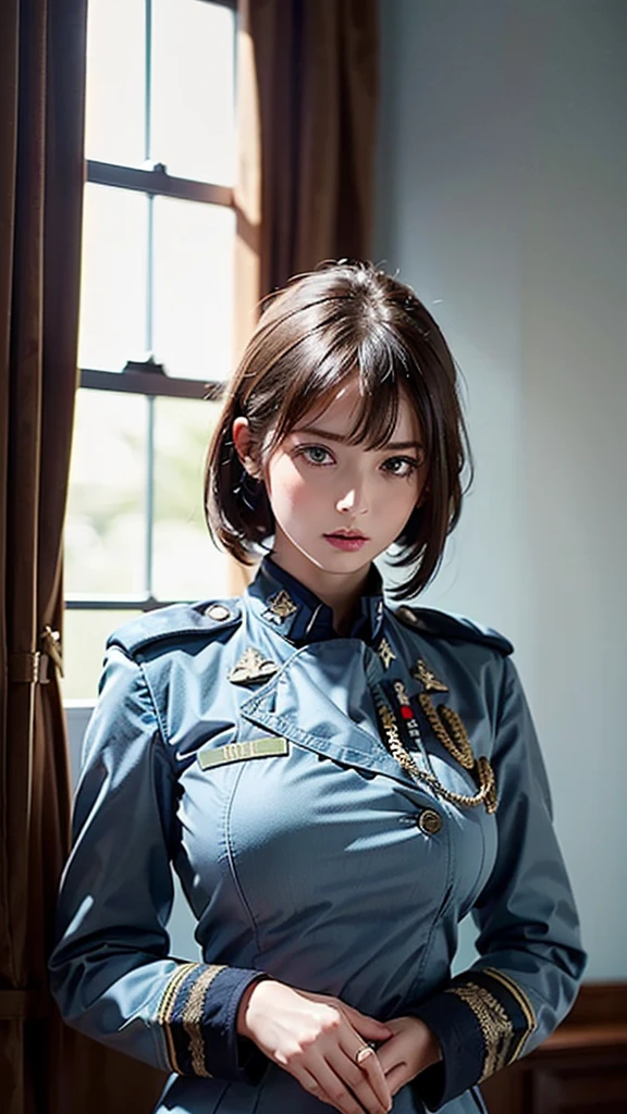 ( highest resolution,  clear_image)  top quality, Single,  one woman, Alone,   Masterpiece  ,((Upper Body)), ((Big breasts)),((realistic:1.2)), high definition, Semi-realistic, Black short hair,  black hair , bangs, 18 years old,  mature, ((light blue   military uniform :1.4)),   ((military uniform:1.4)) ,  indoor background,  kind, Dignified, Powerful,  exquisite face ,  exquisite face 