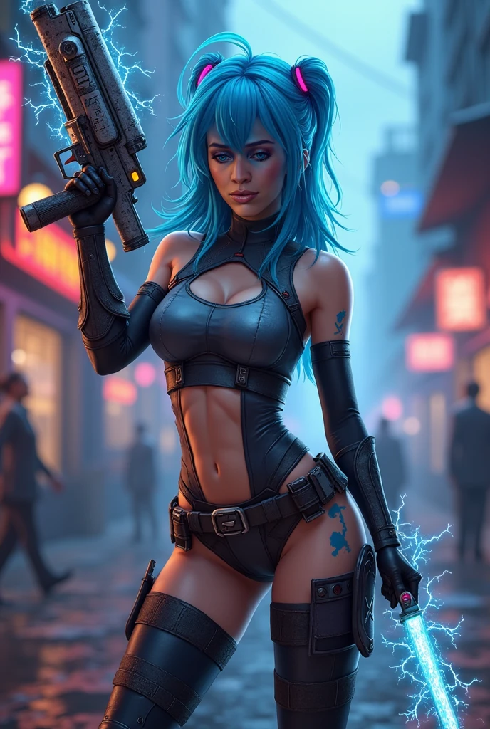 Hyperrealistic photo of a woman in xenomorph style with LED lights, blue hair, firing a plasma gun, urban landscape post-apocalyptic world. complexity of details in the image., sharp focus