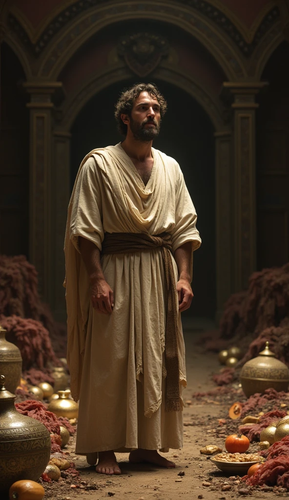 A man in simple biblical garments is surrounded by remnants of food and abandoned luxurious items. His expression reflects regret and emptiness. The setting is a once-vibrant biblical banquet hall, now dark and deserted.