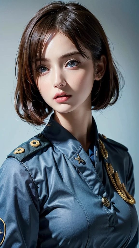 ( highest resolution,  clear_image)  top quality, Single,  one woman, Alone,   Masterpiece  ,((Upper Body)), ((Big breasts)),((realistic:1.2)), high definition, Semi-realistic, Black short hair,  black hair , bangs, 18 years old,  mature, ((light blue   military uniform :1.4)),   ((military uniform:1.4)) ,  indoor background,  kind, Dignified, Powerful,  exquisite face ,  exquisite face 