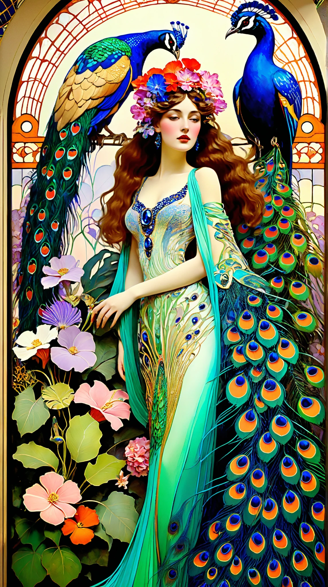 breathtaking Jugendstil scene, Leon Bakst inspired, dreamy fantasy paradise, vibrant, serialist colorful patterns, Art Nouveau style, lush tropical garden, sprawling florals, peacocks, elegant feminine figures, flowing silk fabrics, glittering jewels, ornate architectural details, exotic birds, realistic high details, impressionist brushstrokes, Gustav Klimt and Alfons Mucha influences