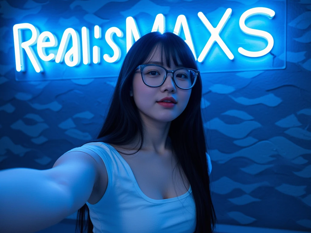 amateur shot, above her creative text big neon blue light read "rRealisMAX-S" . a pov of taking an instagram selfie a woman , againts a wave paterned wall , without make up, slight smile with slight open mouth, she has long black hair with bangs, wearing square glasses, wearing white ocean crop top,natural face , pale skin, sea themed clothes