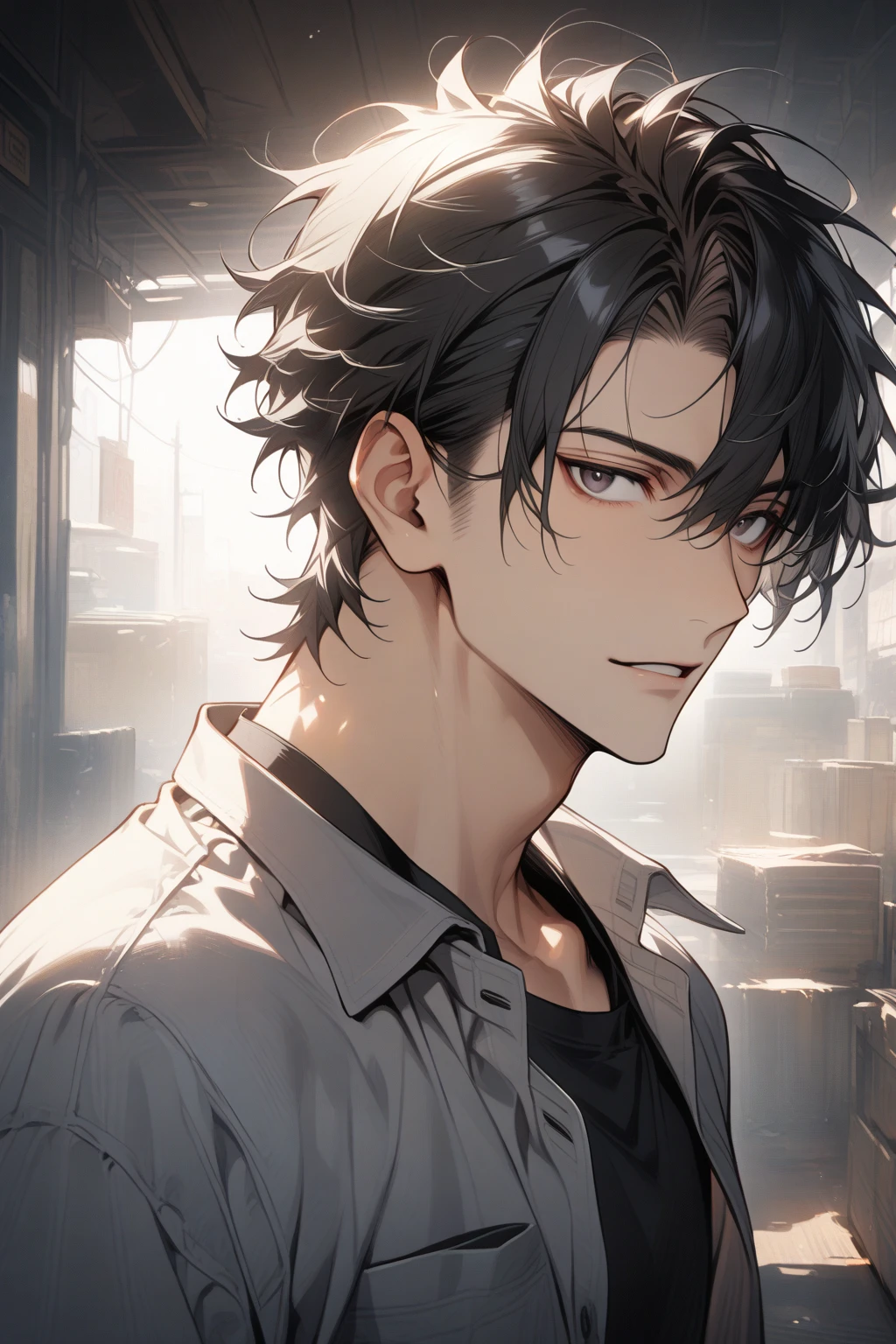 Man, handsome, short black hair, dark eyes, shirt