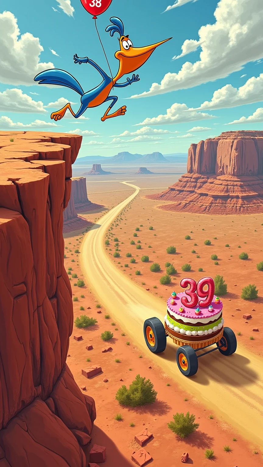 A vibrant, cartoon-style scene inspired by classic Road Runner aesthetics, featuring a giant-headed, exaggeratedly caricatured man running in mid-air just beyond the edge of a dramatic cliff. He clutches a helium balloon floating above him, marked with the number "38." Behind him, back on the dusty desert road typical of Road Runner cartoons, a whimsical birthday cake on wheels speeds forward in hot pursuit. The cake, decorated in colorful icing, is adorned with the number "39" and leaves a trail of billowing dust as its wheels spin furiously. The cliff edge is jagged, with cracks in the dry, reddish-brown rock, while the background showcases a sprawling desert landscape with distant mesas and a bright, cartoonish sky. The overall mood is playful and chaotic, capturing the humorous energy of a chase scene in a classic cartoon.
