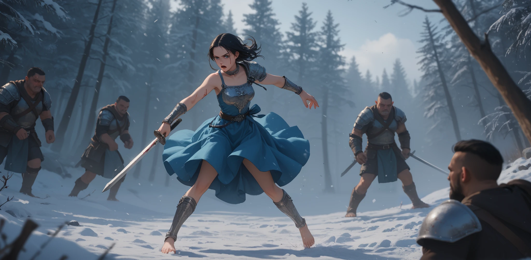 Warrior boy, Blue dress, full body , silver collar , silver rings , long straight hair , black hair, Depth of Field , pose, high contrast , perfect feet, light skin, best quality , masterpiece , Silver Bracelet, High Definition, Blue Eyes, pine trees, Over the snow , crucifixo, medium breasts, perfect face, perfect hands, perfect eyes, hairy armpit , armor breastplate, orc, Silver Sword, Angry man, blood, war, fight, Open mouth