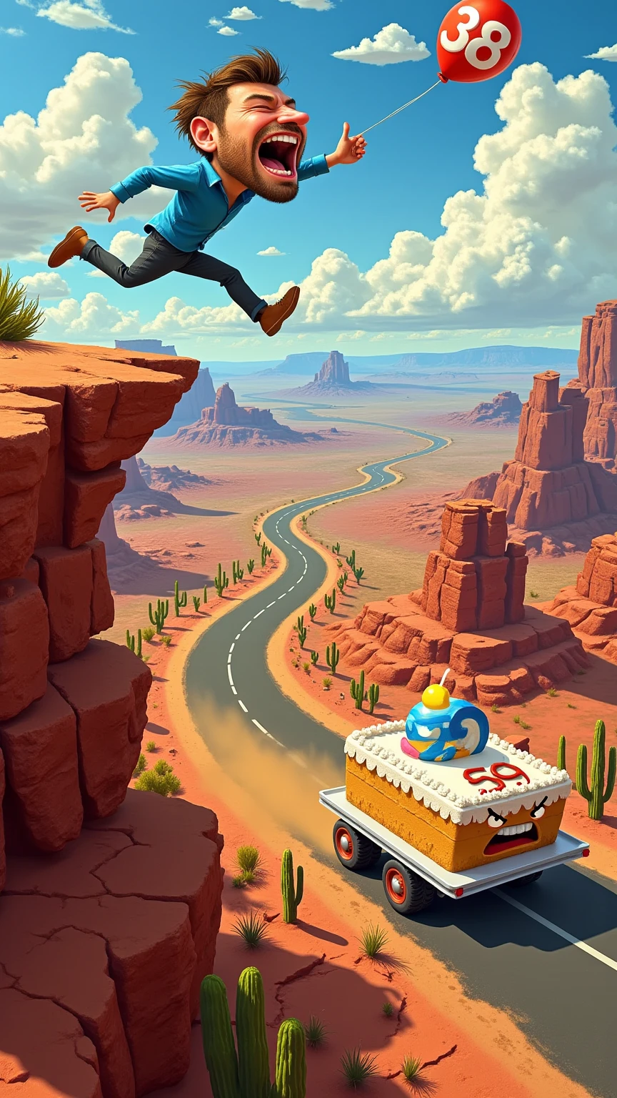 A vibrant, cartoon-style scene inspired by classic Road Runner aesthetics, featuring a caricatured man with an oversized body and an exaggeratedly large, semi-realistic face, running in mid-air just beyond the edge of a dramatic cliff. His expression is panicked yet comical as he clutches a helium balloon floating above him, marked with the number "38." On the road before the cliff, a furious birthday cake with wheels speeds after him, its frosting-covered face animated with angry eyes and a snarling mouth. The cake, adorned with the number "39" in bold icing, leaves a trail of swirling dust as its wheels kick up dirt in hot pursuit. The cliff edge is jagged, with cracks in the reddish-brown rock, while the background showcases a sprawling desert landscape filled with mesas and a bright cartoonish sky. The overall scene combines humor and chaos, blending exaggerated caricatures with a touch of realism in the man’s facial details for a unique and dynamic visual.
