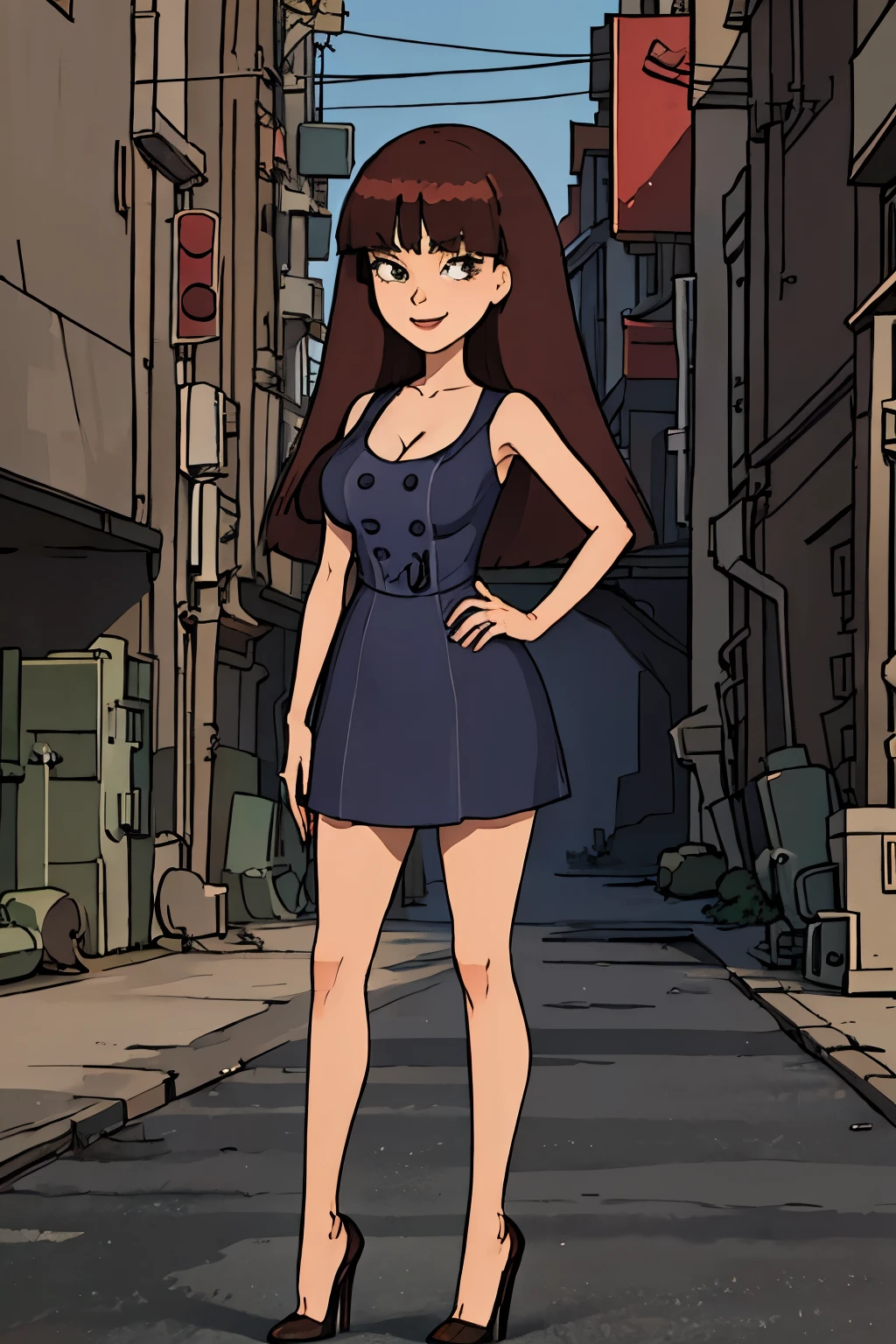 stacy, 1girl, breasts, solo, long hair,nude, brown hair, bangs,dress, high heels, cleavage, sleeveless,,hand on hip, full body, city background,cowboy shot, looking at viewer, smile,