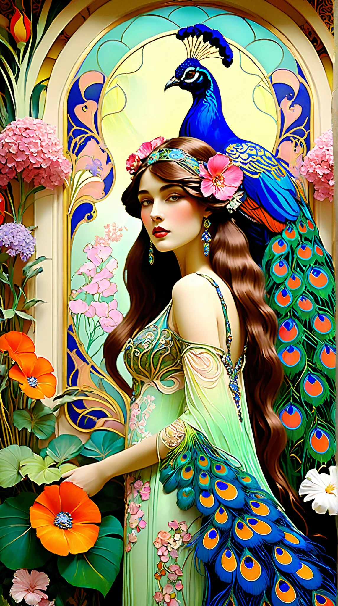 breathtaking Jugendstil scene, Leon Bakst inspired, dreamy fantasy paradise, vibrant, serialist colorful patterns, Art Nouveau style, lush tropical garden, sprawling florals, peacocks, elegant feminine figures, flowing silk fabrics, glittering jewels, ornate architectural details, exotic birds, realistic high details, impressionist brushstrokes, Gustav Klimt and Alfons Mucha influences