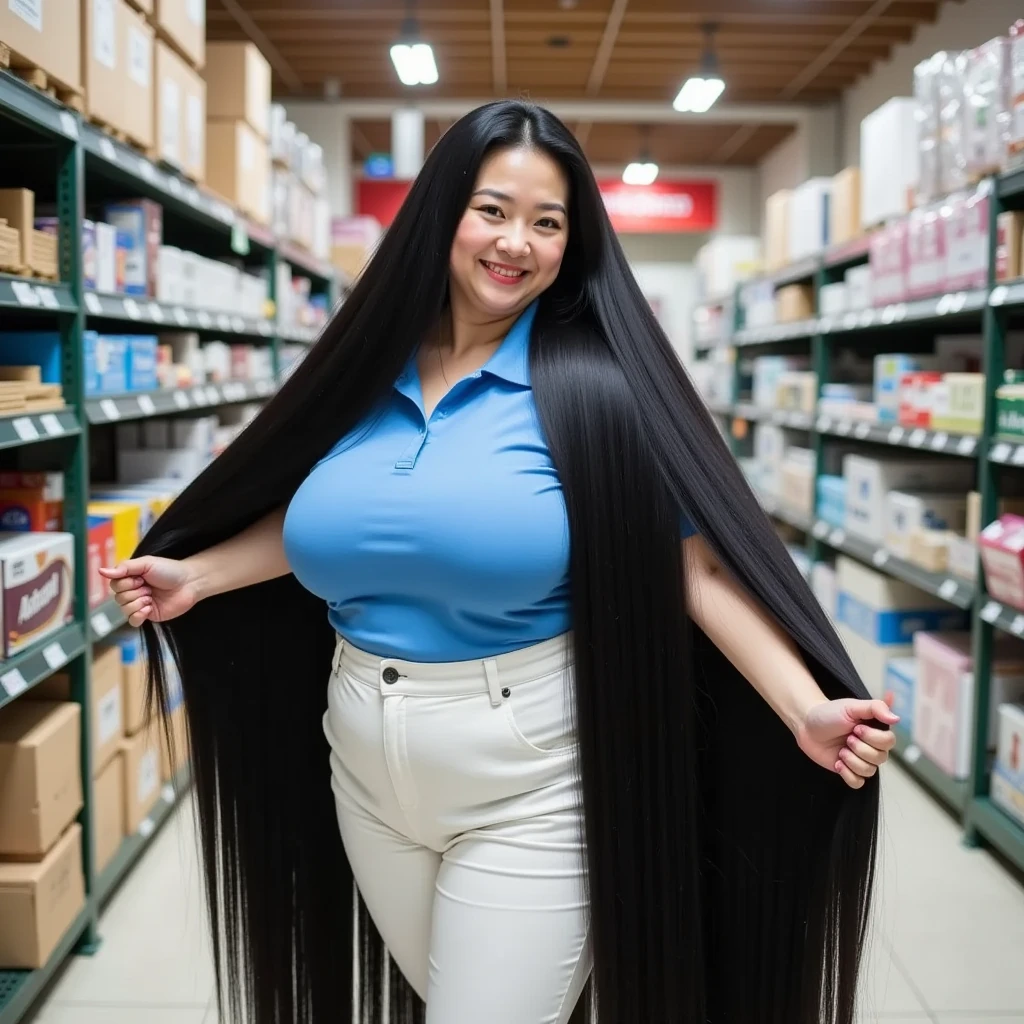 8k,Highest quality, masterpiece, Ultra-high resolution,(masterpiece:1.6, Highest quality), Intricate details, 1 female,Middle-aged woman in her 50s, japanese, full body, ((dynamic pose)),top of head, ((Absurdly long hair:1.5)),, ((jet Black Hair)), ((forehead:1.5)), Fat, ((huge breasts, gigantic breasts:1.5)), ((super Saggy breasts:1.5)), ((pale skin, shiny skin, pink thick lips)), ((Mature woman seduces her colleague's younger man by brushing up her ridiculously long black hair in a supermarket warehouse,blue polo shirt,White pants:1.2))