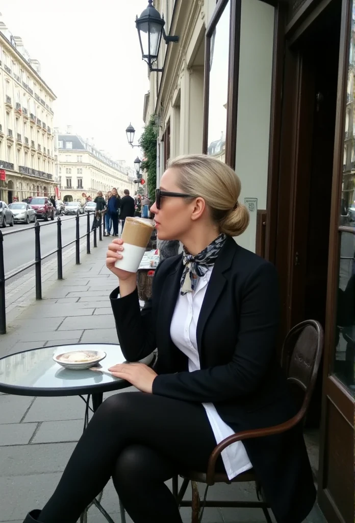 Woman blonde cafe on the street Paris hairstyle square photos Noir style Parisian Fashionista