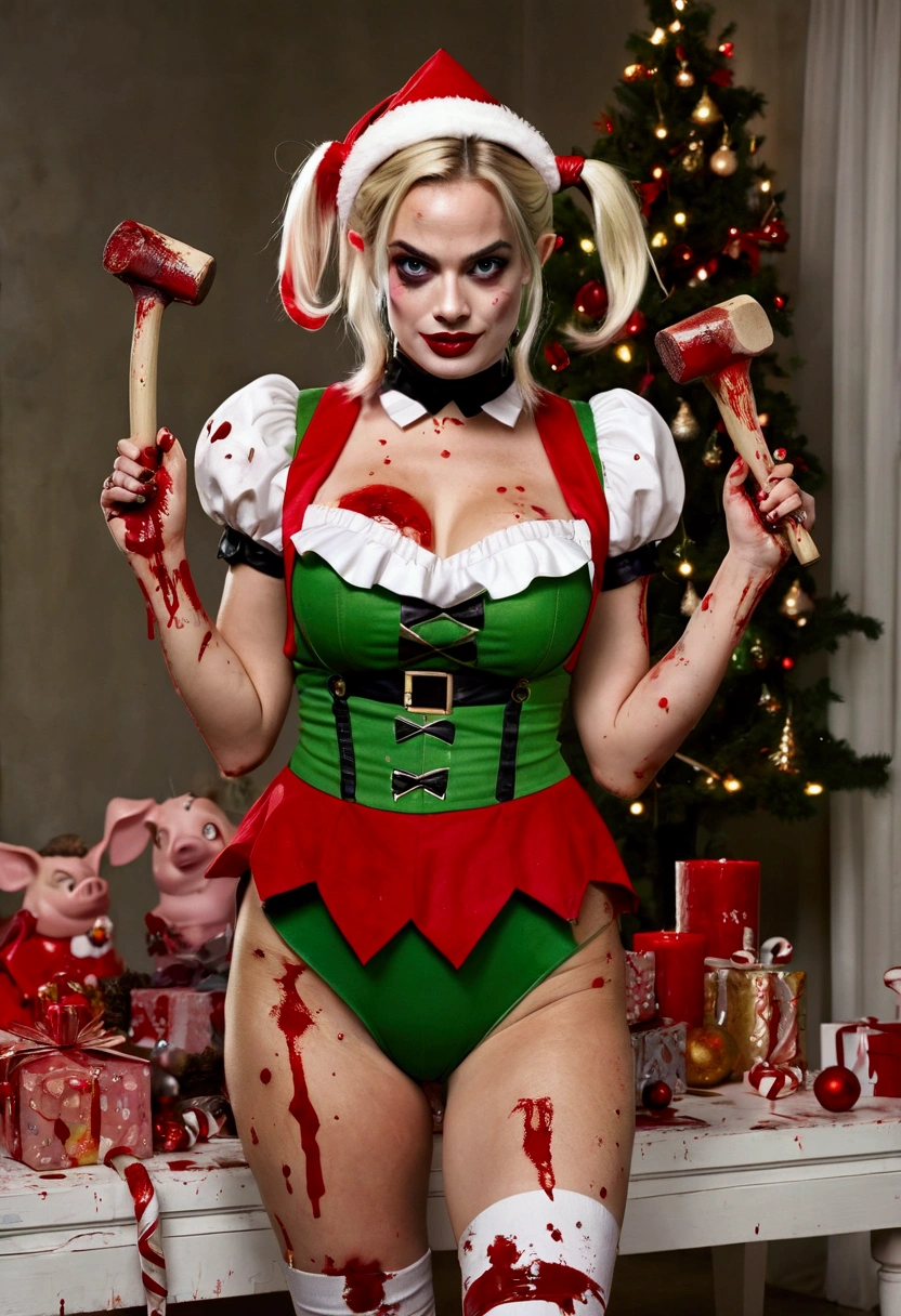 ((Female zombie))((Both eyes are completely pure white))((White skin, beautiful long legs))((big tit))((Empty eyes))((Wearing a red deep V low-cut bikini))((No))((Wearing red high heels:1.2))((Blood all over))