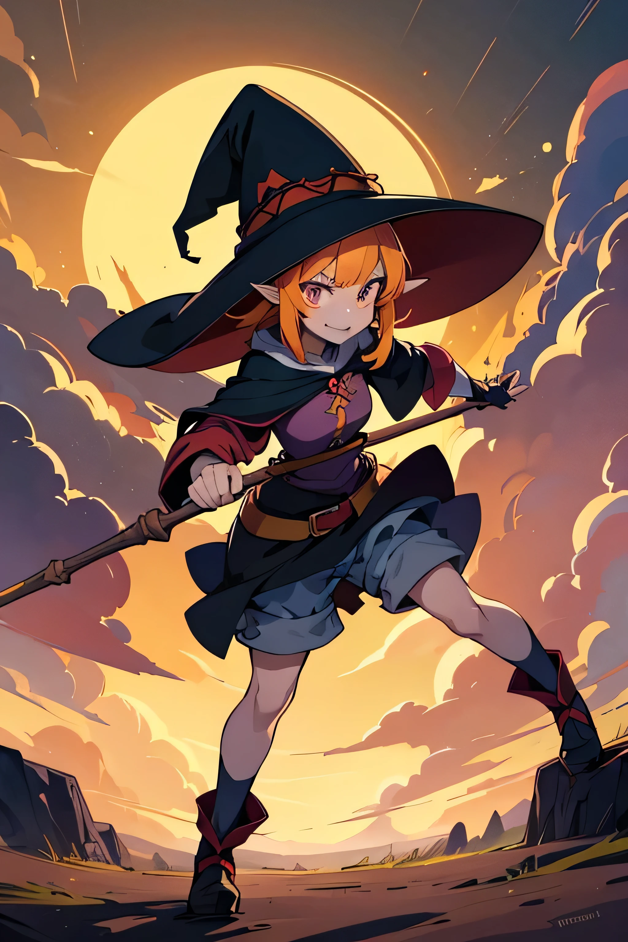 verdan goblin, goblin, verdan, goblin lady, a woman wearing a witch hat, witch academia, witch girl, witch, a witch, witchy, kirisame marisa, half invoker half megumin, bright witch, wearing a witch hat, kirisame marisa from touhou, classical witch, by Kamagurka, little witch academia, anime-styled full body illustration, wood staff which gem, short verdan, anime character design, full body, dynamic dramatic pose, short hair, fringe bangs, pointy elf ears, long knees jean shorts 