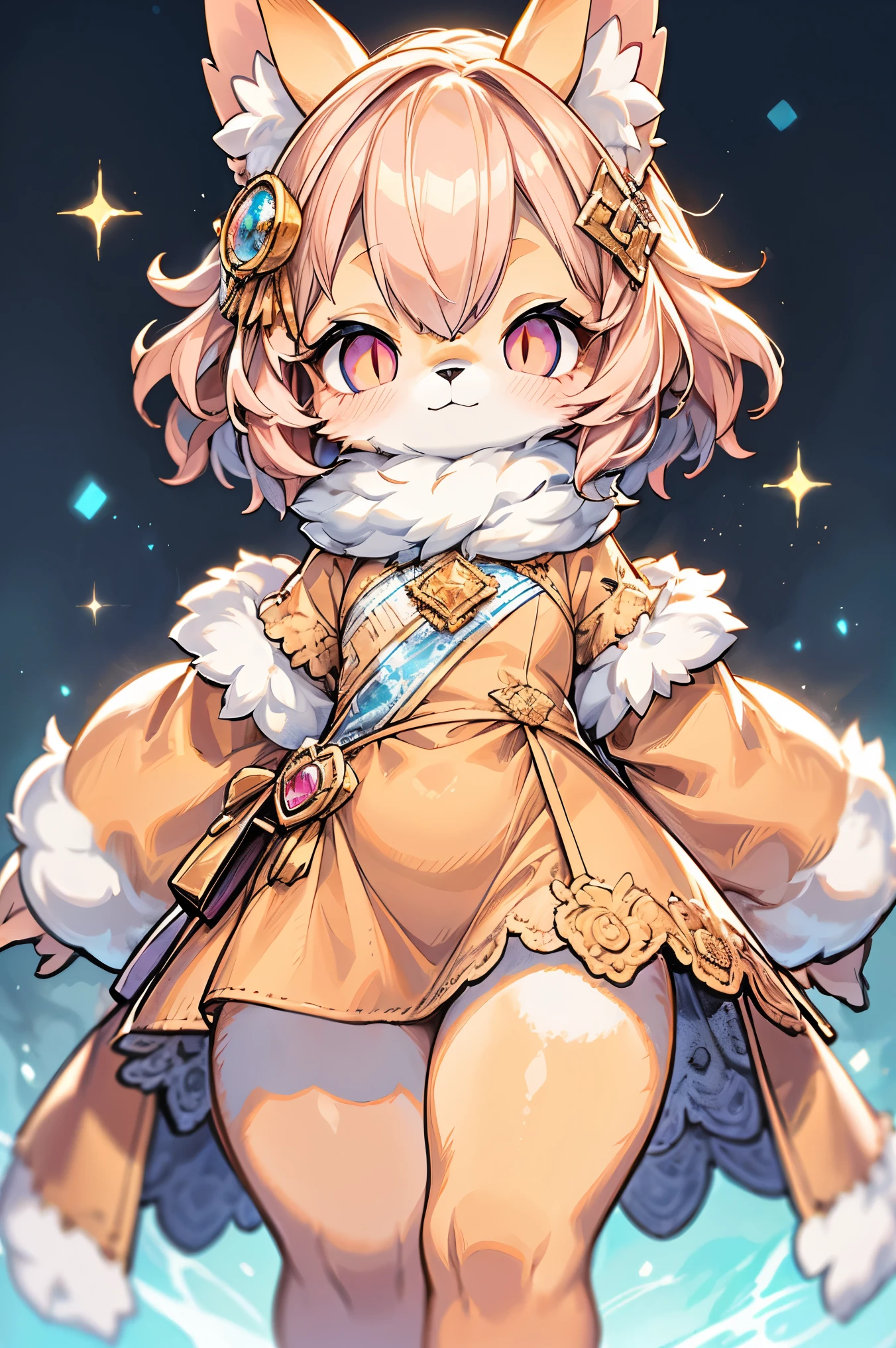 Solo, ultra detailed, by syuro, furry girl, shirt+++, skirt+++, ( golden fur, golden body, crystal pink eyes)++, cream colored hair++, short hair+++, fluffy hair+++, straight and fluffy curls+++, big fluffy dog ears, huge fluffy dog tail, tiny chest, petite body++, petite waist, petite hips, standing++, small butt++, slim thighs++, shortstack+++, short+++, (confident+, blush, excited)+++, front, outside+++, fantasy++, village background+++,