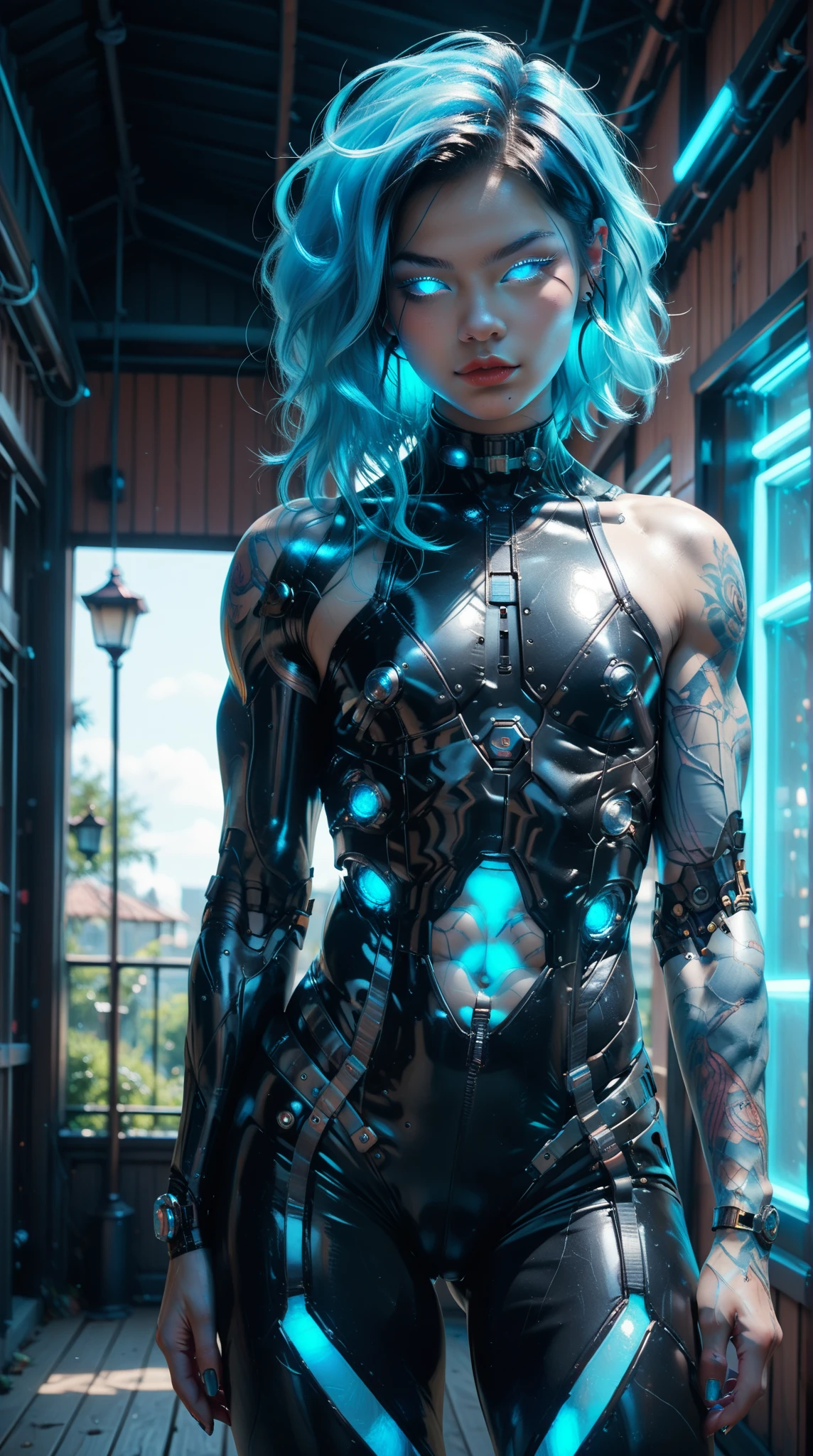 score_9, score_8_up, score_7_up, (Three quarters Shot), (1 girl), (asian), beautiful teenage (skinny) muscular goth cyborg girl, (full Cybernetic bodysuit:1.5), (black sclera:1.5), (blue glowing eyes:1.5), (blue glowing body veins:1.5), (flat chest:1.25), (blue glowing hair:1.25), (beautiful face:1.25), (bodybuilder femboy physique:1.25), (skinny long legs:0.75), (intricate gold filagree:1.25), bimbo lips, cowboy shot, cybernetic, mechanoid body parts, exposed cables and circuits, neon lights, gothic neon style, cyber punk style, super realistic image, beautiful digital paint , hyper Realistic illustrations, Stable_Yogis_Scenery_Negatives, Stable_Yogis_Scenery_positives,  Stable_Yogis_PDXL_Positives, Stable_Yogis_PDXL_Negatives