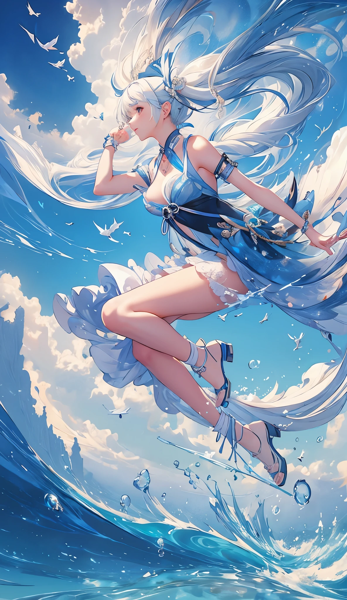 1girl, Alone, hair ornament, white hair, very long twintails, long hair, dress, water movement a sua volta, The sea above your feet , head up,  blue sky background with flowing clouds, medium round breasts, thick coxas