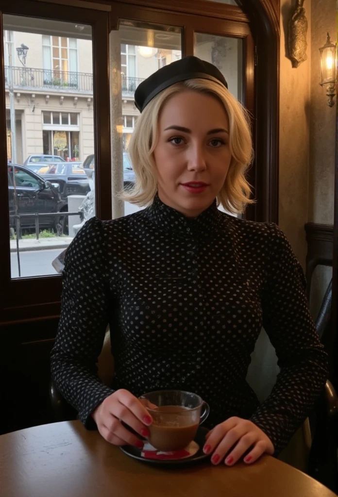 a beautiful blonde woman in a cafe on a street in Paris, wearing a bob hairstyle, paris street scene, noir photography style, fashionable parisian woman, intricate details, high quality, cinematic lighting, warm color tones, photorealistic, 8k, masterpiece