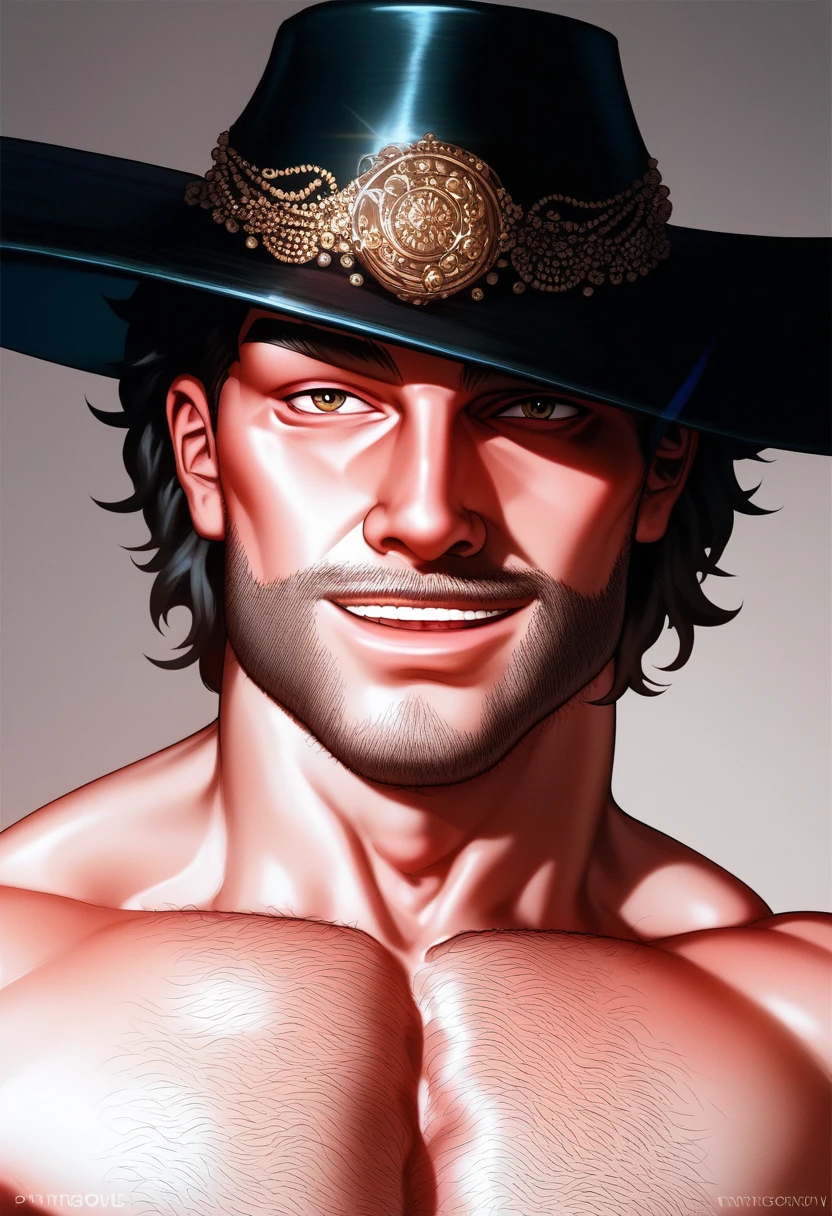  male approach, only focus,  muscular, strong,  hairy, male, ( shirtless : 1) , A handsome black man ,  19-year-old cowboy in the ranch barn wearing a black hat, skinny, Scruffy face , arrogant smile, ( INTRICATE DETAILS ,  masterpiece ,  anatomy,  better quality , ultra quality, elegant,  highly detailed),