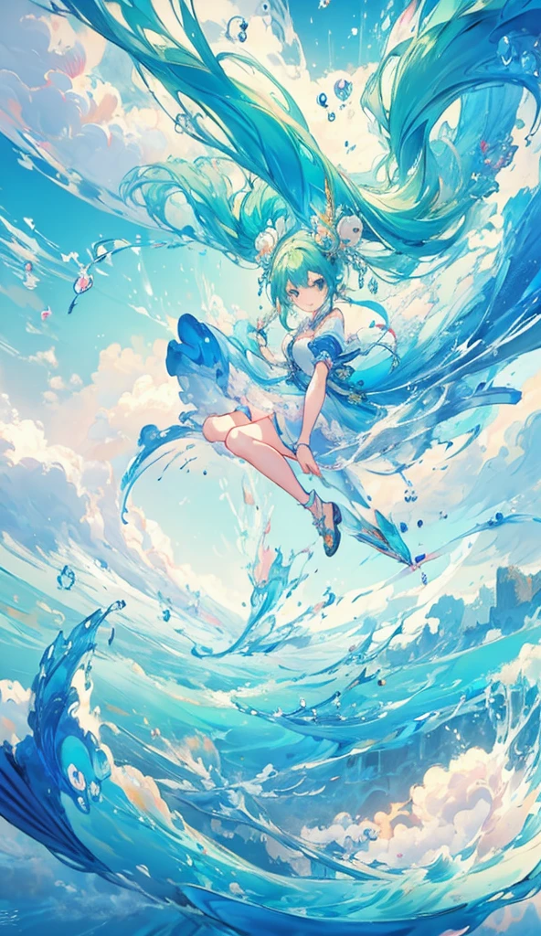 1girl, Alone, hair ornament, green hair, twintails, long hair, dress, water movement a sua volta, The sea above your feet , head up,  blue sky background with flowing clouds,