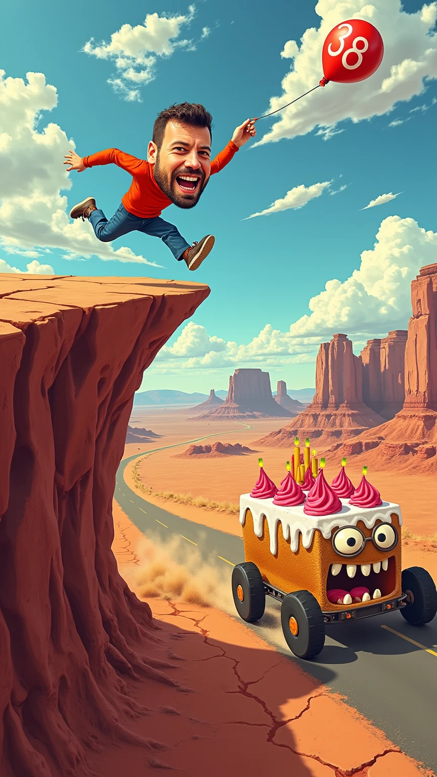 A vibrant, cartoon-style scene inspired by classic Road Runner aesthetics, featuring a caricatured man with an oversized body and an exaggeratedly large, semi-realistic face, running in mid-air just beyond the edge of a dramatic cliff. His expression is panicked yet comical as he clutches a helium balloon floating above him, marked with the number "38." On the road before the cliff, a furious birthday cake with wheels speeds after him, its frosting-covered face animated with angry eyes and a snarling mouth. The cake, adorned with the number "39" in bold icing, leaves a trail of swirling dust as its wheels kick up dirt in hot pursuit. The cliff edge is jagged, with cracks in the reddish-brown rock, while the background showcases a sprawling desert landscape filled with mesas and a bright cartoonish sky. The overall scene combines humor and chaos, blending exaggerated caricatures with a touch of realism in the man’s facial details for a unique and dynamic visual.
