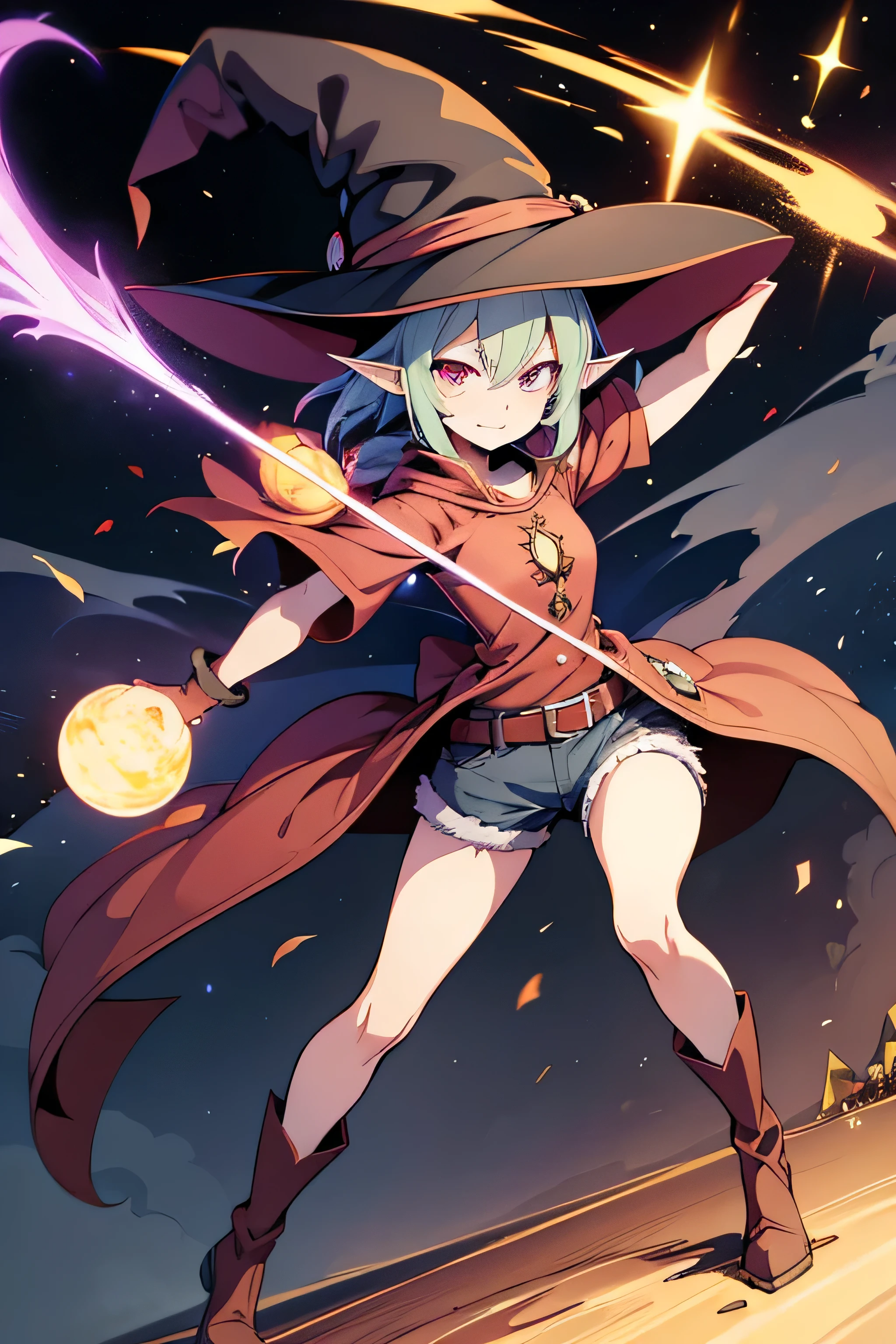 verdan goblin, goblin, verdan, goblin lady, a woman wearing a witch hat, witch academia, witch girl, witch, a witch, witchy, kirisame marisa, half invoker half megumin, bright witch, wearing a witch hat, kirisame marisa from touhou, classical witch, by Kamagurka, little witch academia, anime-styled full body illustration, wood staff which gem, short verdan, anime character design, full body, dynamic dramatic pose, short hair, fringe bangs, pointy elf ears, long knees jean shorts 