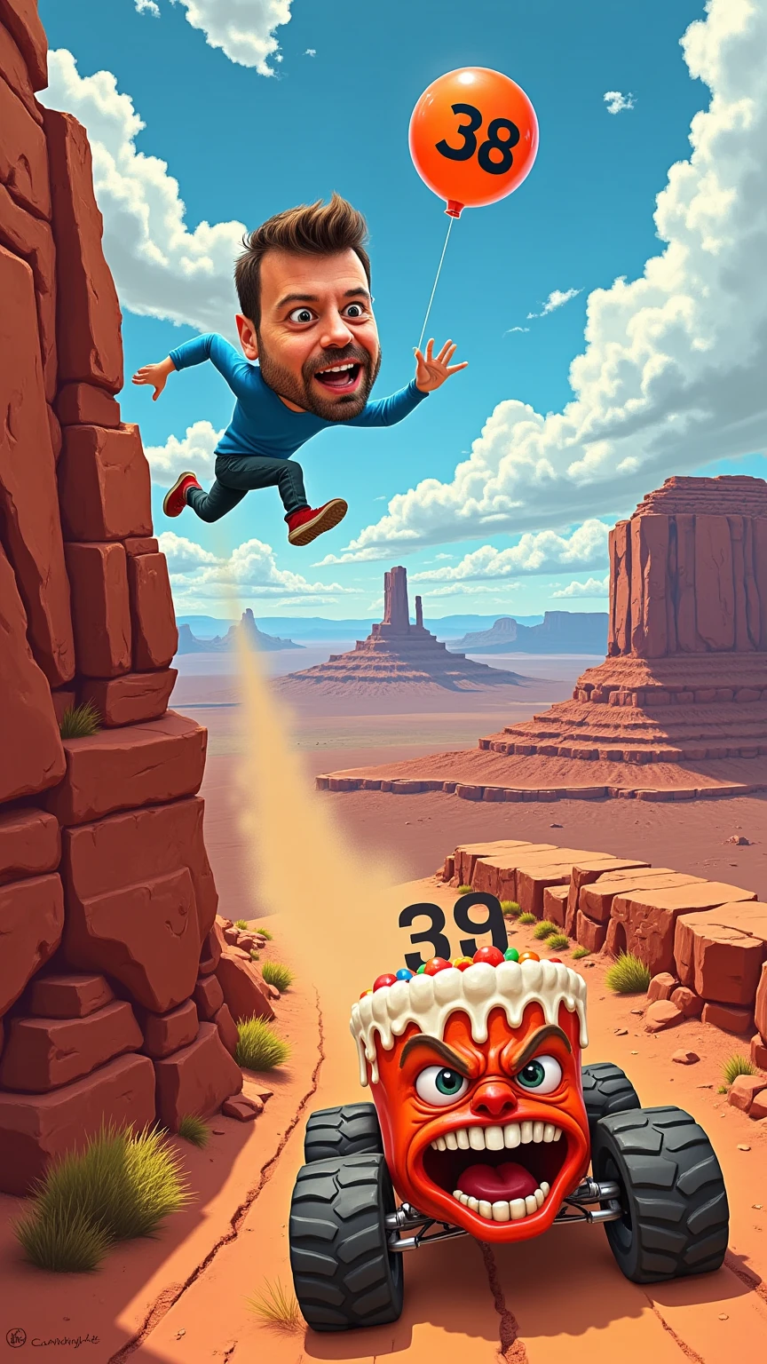 A vibrant, cartoon-style scene inspired by classic Road Runner aesthetics, featuring a caricatured man with an oversized body and an exaggeratedly large, semi-realistic face, running in mid-air just beyond the edge of a dramatic cliff. His expression is panicked yet comical as he clutches a helium balloon floating above him, marked with the number "38." On the road before the cliff, a furious birthday cake with wheels speeds after him, its frosting-covered face animated with angry eyes and a snarling mouth. The cake, adorned with the number "39" in bold icing, leaves a trail of swirling dust as its wheels kick up dirt in hot pursuit. The cliff edge is jagged, with cracks in the reddish-brown rock, while the background showcases a sprawling desert landscape filled with mesas and a bright cartoonish sky. The overall scene combines humor and chaos, blending exaggerated caricatures with a touch of realism in the man’s facial details for a unique and dynamic visual.
