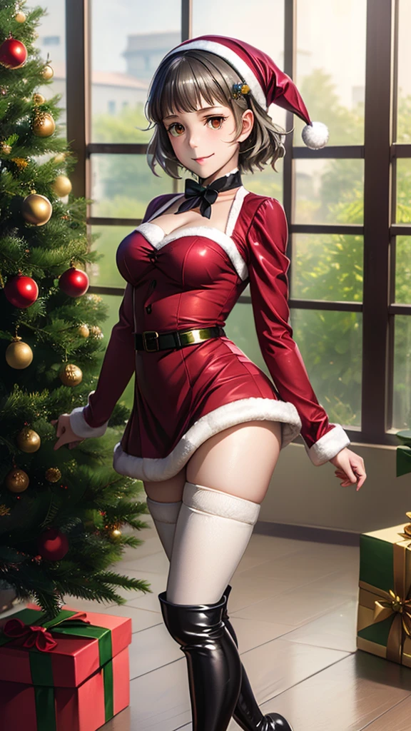 woman, short black hair, hazel eyes, christmas pinup <lora:Christmas Pin up_v1:1>