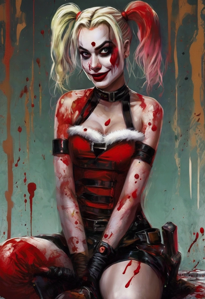 Harley Quinn, hyper realistic, extremely revealing outfit black and red, classic makeup, battered and bruised, crazy happy look, lying on a bed of tulips, weapons nearby, holding a bloody tulip
