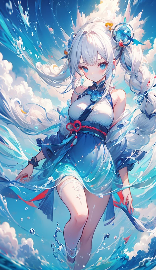 1girl, Alone, hair ornament, white hair, very long twintails, long hair, dress, water movement a sua volta, The sea above your feet , head up,  blue sky background with flowing clouds, medium round breasts, thick coxas