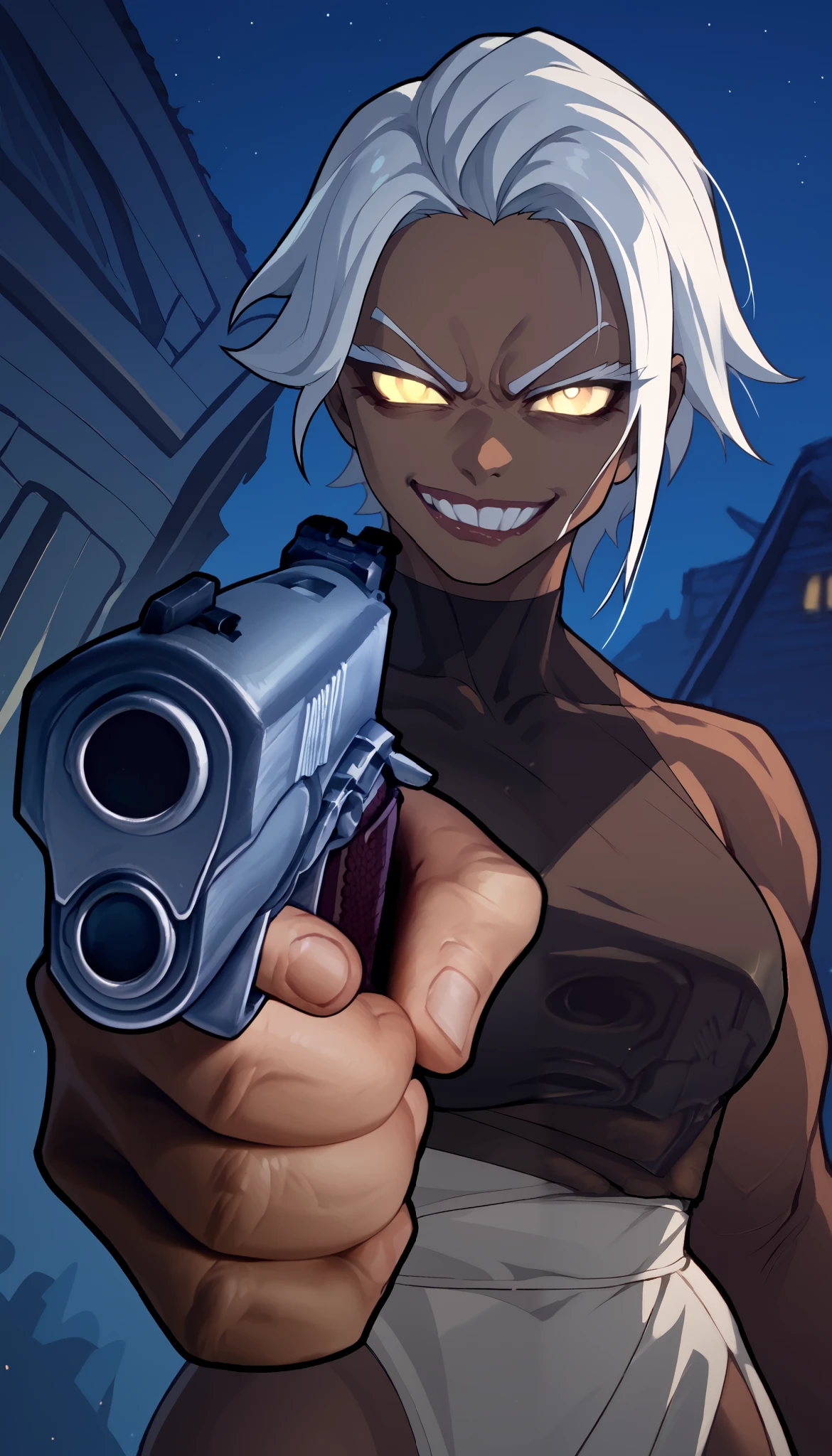 (zPDXL2), (PonyXLV6_Scores), source_anime, Expressiveh, full-body shot, asymmetric image, BREAK
lhata4564, Black girl with white hair, white eyebrow, white eyelashes, brown skin tone, with an evil grin tongue out, (holding weapon, handgun, holding gun, aiming at viewer, revolver, finger on trigger) , a night with lighting