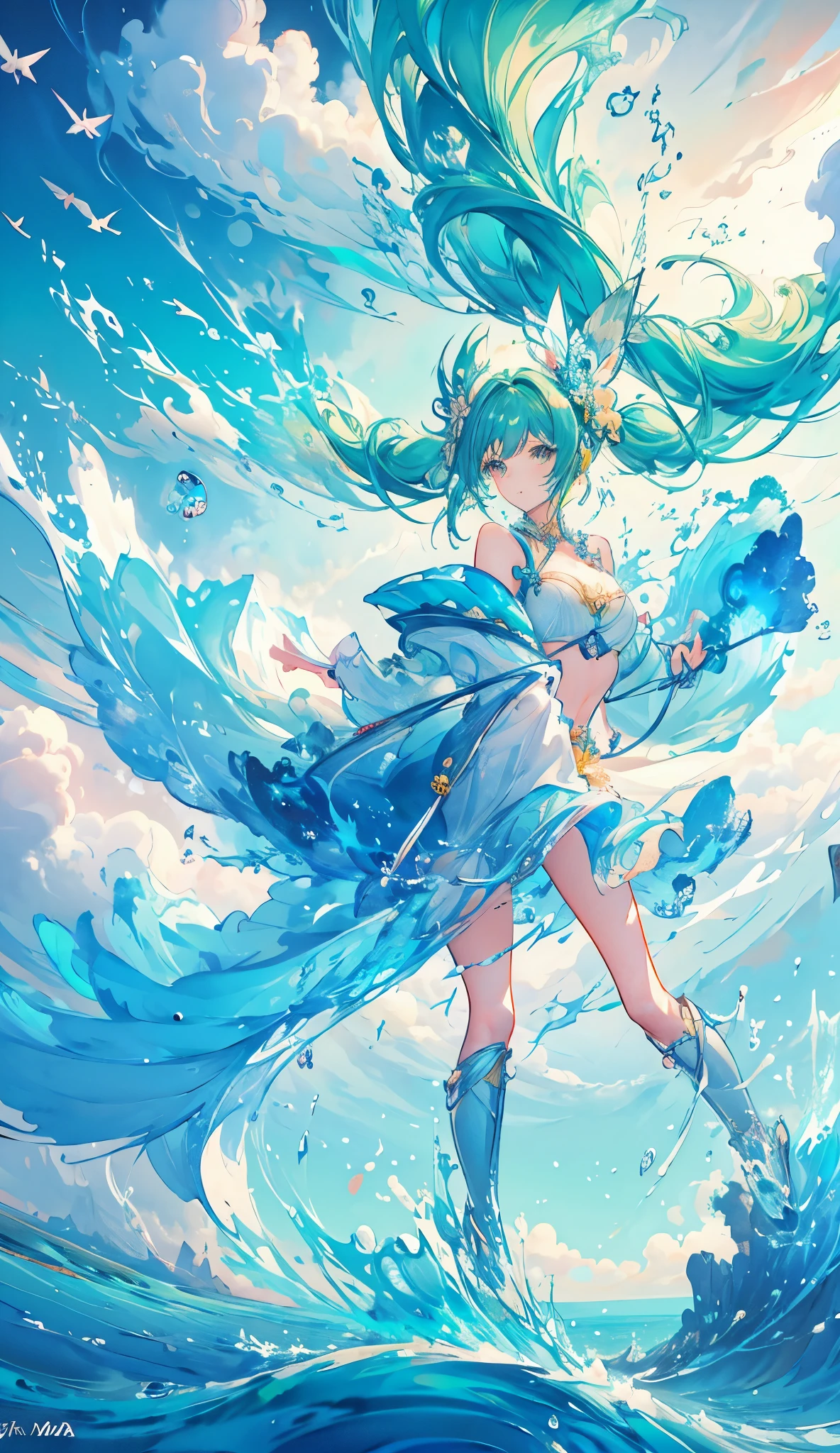 1girl, Alone, hair ornament, green hair, twintails, long hair, dress, water movement a sua volta, The sea above your feet , head up,  blue sky background with flowing clouds,