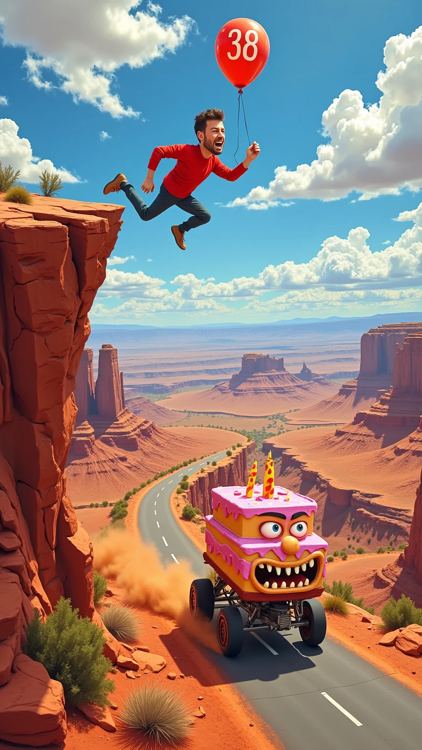 A vibrant, cartoon-style scene inspired by classic Road Runner aesthetics, featuring a caricatured man with an oversized body and an exaggeratedly large, semi-realistic face, running in mid-air just beyond the edge of a dramatic cliff. His expression is panicked yet comical as he clutches a helium balloon floating above him, marked with the number "38." On the road before the cliff, a furious birthday cake with wheels speeds after him, its frosting-covered face animated with angry eyes and a snarling mouth. The cake, adorned with the number "39" in bold icing, leaves a trail of swirling dust as its wheels kick up dirt in hot pursuit. The cliff edge is jagged, with cracks in the reddish-brown rock, while the background showcases a sprawling desert landscape filled with mesas and a bright cartoonish sky. The overall scene combines humor and chaos, blending exaggerated caricatures with a touch of realism in the man’s facial details for a unique and dynamic visual.
