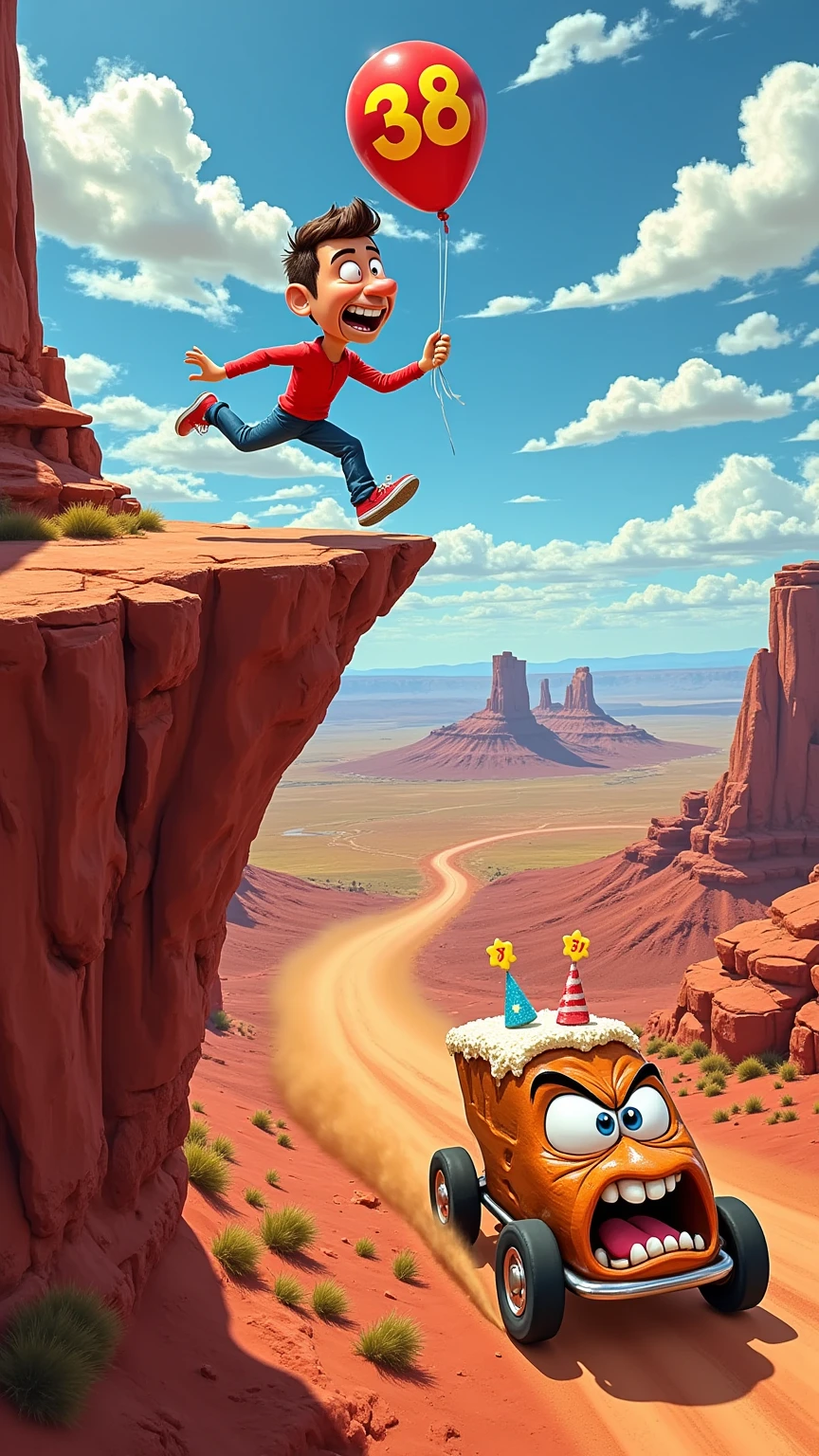 A vibrant, cartoon-style scene inspired by classic Road Runner aesthetics, featuring a caricatured man with an oversized body and an exaggeratedly large, semi-realistic face, running in mid-air just beyond the edge of a dramatic cliff. His expression is panicked yet comical as he clutches a helium balloon floating above him, marked with the number "38." On the road before the cliff, a furious birthday cake with wheels speeds after him, its frosting-covered face animated with angry eyes and a snarling mouth. The cake, adorned with the number "39" in bold icing, leaves a trail of swirling dust as its wheels kick up dirt in hot pursuit. The cliff edge is jagged, with cracks in the reddish-brown rock, while the background showcases a sprawling desert landscape filled with mesas and a bright cartoonish sky. The overall scene combines humor and chaos, blending exaggerated caricatures with a touch of realism in the man’s facial details for a unique and dynamic visual.
