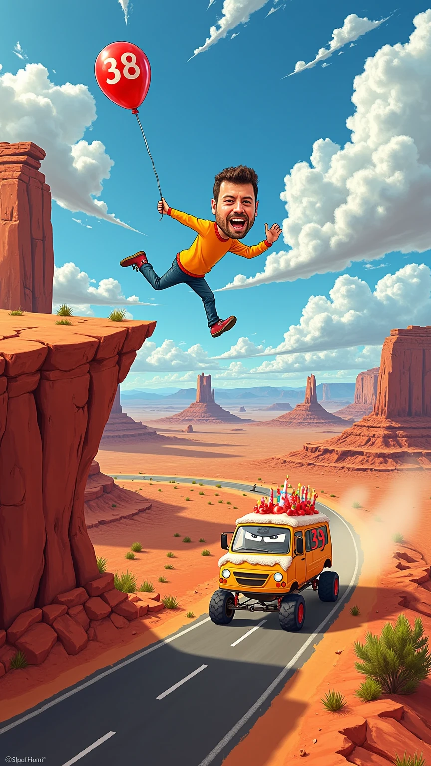 A vibrant, cartoon-style scene inspired by classic Road Runner aesthetics, featuring a caricatured man with an oversized body and an exaggeratedly large, semi-realistic face, running in mid-air just beyond the edge of a dramatic cliff. His expression is panicked yet comical as he clutches a helium balloon floating above him, marked with the number "38." On the road before the cliff, a furious birthday cake with wheels speeds after him, its frosting-covered face animated with angry eyes and a snarling mouth. The cake, adorned with the number "39" in bold icing, leaves a trail of swirling dust as its wheels kick up dirt in hot pursuit. The cliff edge is jagged, with cracks in the reddish-brown rock, while the background showcases a sprawling desert landscape filled with mesas and a bright cartoonish sky. The overall scene combines humor and chaos, blending exaggerated caricatures with a touch of realism in the man’s facial details for a unique and dynamic visual.
