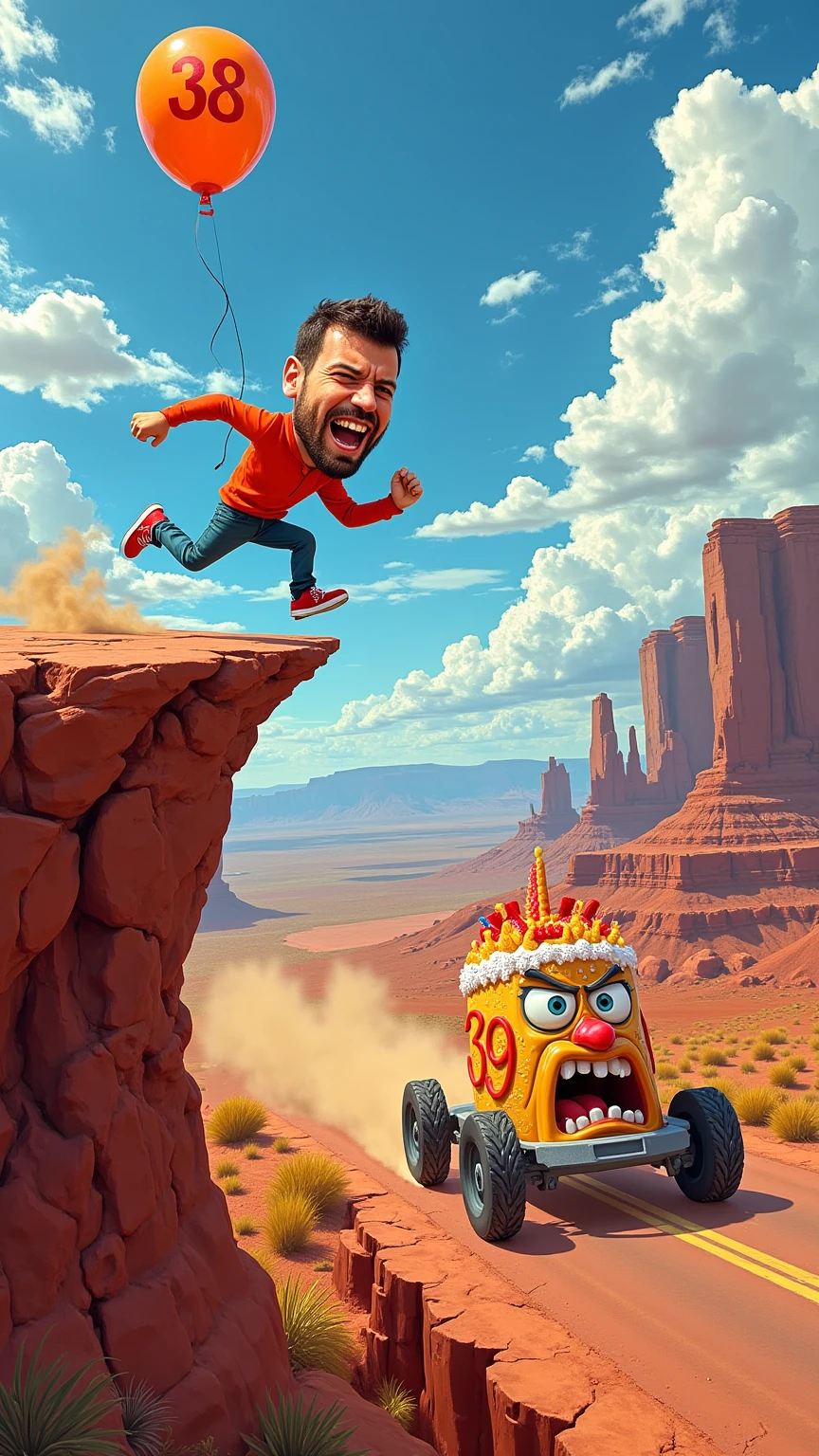 A vibrant, cartoon-style scene inspired by classic Road Runner aesthetics, featuring a caricatured man with an oversized body and an exaggeratedly large, semi-realistic face, running in mid-air just beyond the edge of a dramatic cliff. His expression is panicked yet comical as he clutches a helium balloon floating above him, marked with the number "38." On the road before the cliff, a furious birthday cake with wheels speeds after him, its frosting-covered face animated with angry eyes and a snarling mouth. The cake, adorned with the number "39" in bold icing, leaves a trail of swirling dust as its wheels kick up dirt in hot pursuit. The cliff edge is jagged, with cracks in the reddish-brown rock, while the background showcases a sprawling desert landscape filled with mesas and a bright cartoonish sky. The overall scene combines humor and chaos, blending exaggerated caricatures with a touch of realism in the man’s facial details for a unique and dynamic visual.
