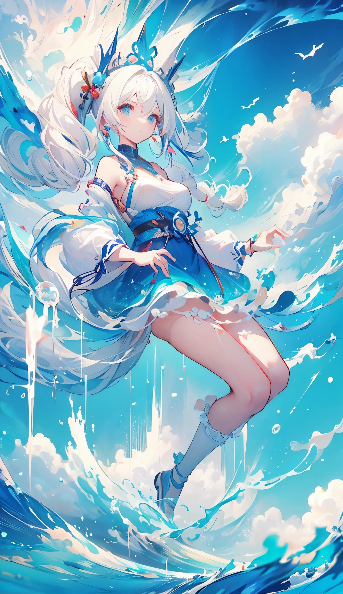 1girl, Alone, hair ornament, white hair, very long twintails, long hair, dress, water movement a sua volta, The sea above your feet , head up,  blue sky background with flowing clouds, medium round breasts, thick coxas