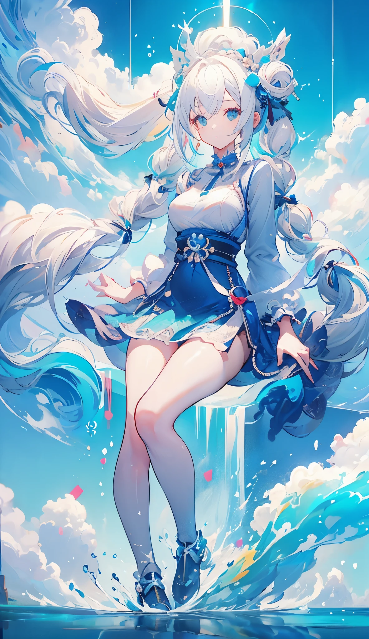 1girl, Alone, hair ornament, white hair, very long twintails, long hair, dress, water movement a sua volta, The sea above your feet , head up,  blue sky background with flowing clouds, medium round breasts, thick coxas